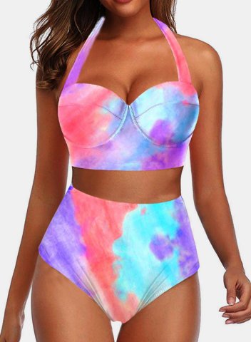 Women's Bikini Suit Color Block High Waist Halter Adjustable Wire-free Sleeveless Padded Vacation Beach Suit