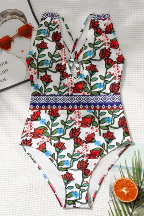 Women's One Piece Swimwear Floral V Neck One-Piece Swimsuit