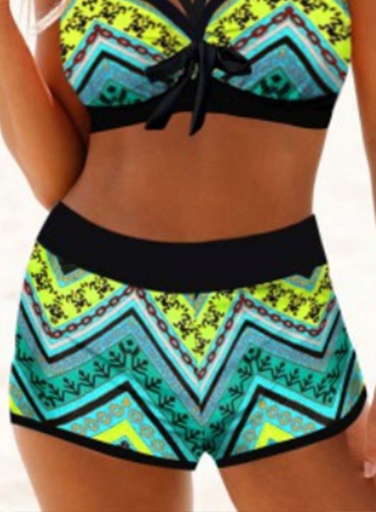 Women's Bikinis Knot Tribal High Waist Sleeveless Adjustable Wire-free Padded V Neck Vintage Beach Bikini