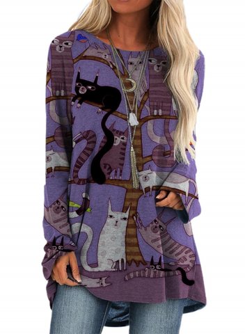 Women's Pullovers Cat Long Sleeve Round Neck Casual Tunic Pullover