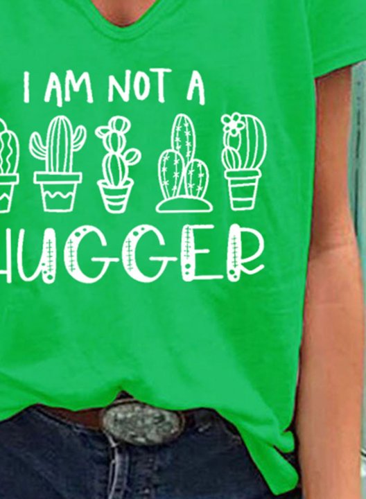 Women's I'm Not A Hugger Cactus T-shirts Letter Clover Print Short Sleeve V Neck Daily T-shirt