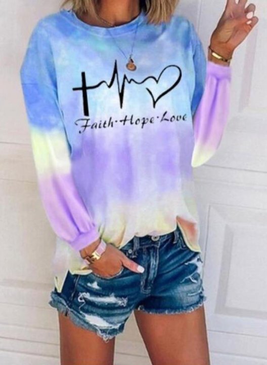 Women's Sweatshirts Heart-shaped Multicolor Letter Print Long Sleeve Round Neck Casual Sweatshirt