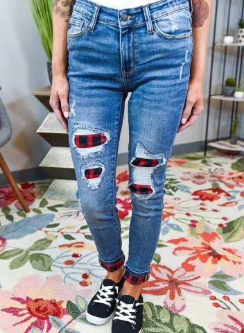 Red Plaid Ripped Stitching Jeans