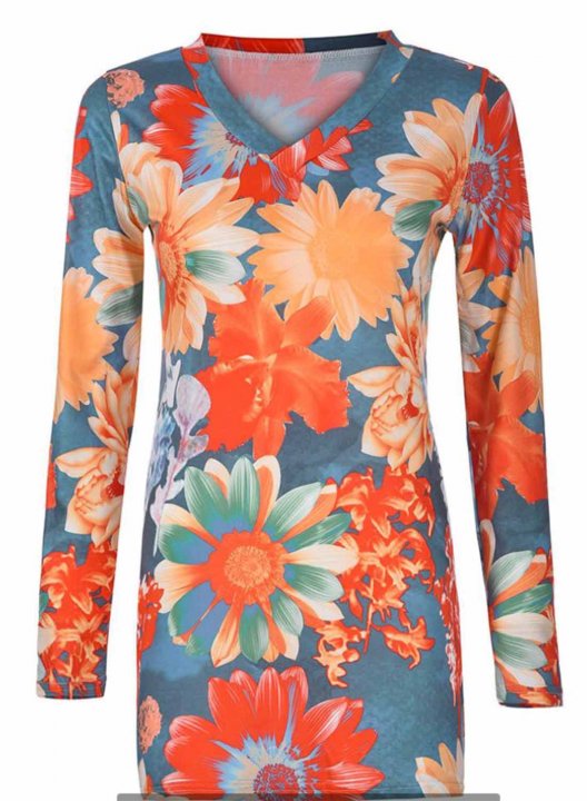 Women's Blouses Color Block Floral Long Sleeve V Neck Daily Tunic Blouse