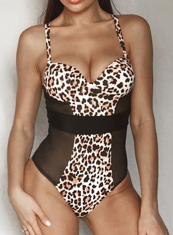 Women's One-Piece Swimsuits One-Piece Bathing Suits Mesh Leopard Under-wire Spaghetti Vintage Swimsuits