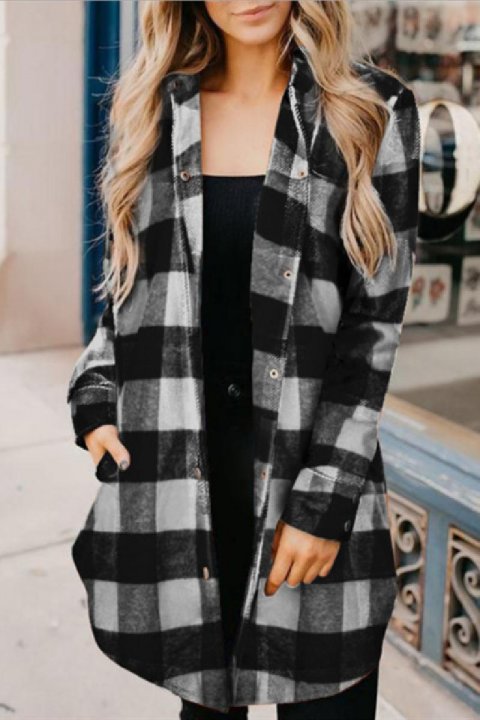 Buttons Up Plaid Print Long Coat