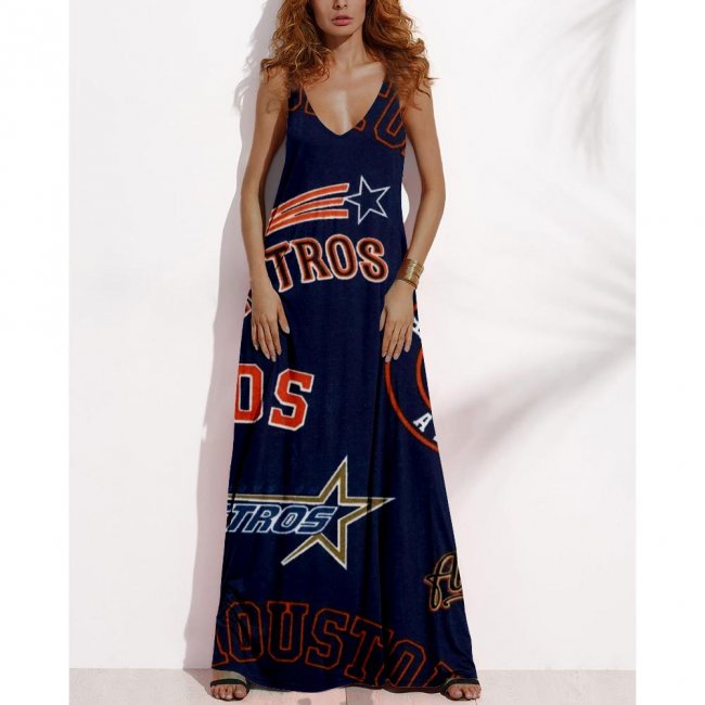 Women's Summer HOUSTON ASTROS Fan Print V-neck Sleeveless Loose Long A-line Dress