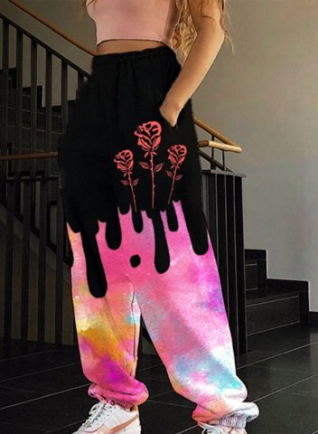 Women's Joggers Color Block Floral Straight Mid Waist Full Length Pocket Casual Joggers