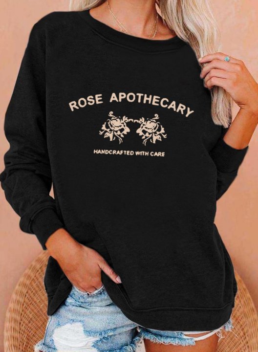 Women's Rose Apothecary Print Sweatshirts Letter&Rose Print Long Sleeve Round Neck Sweatshirt