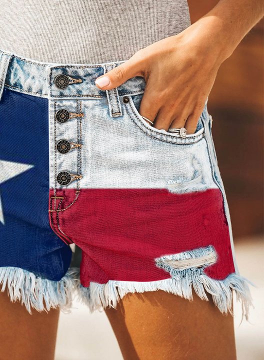 Women's Jeans Color Block Texas Flag Star Mid Waist Daily Short Jean