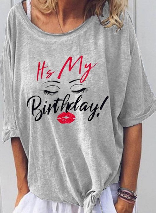 Women's It's My Birthday T-shirts Letter Portrait Lip Print Short Sleeve Birthday Daily T-shirt