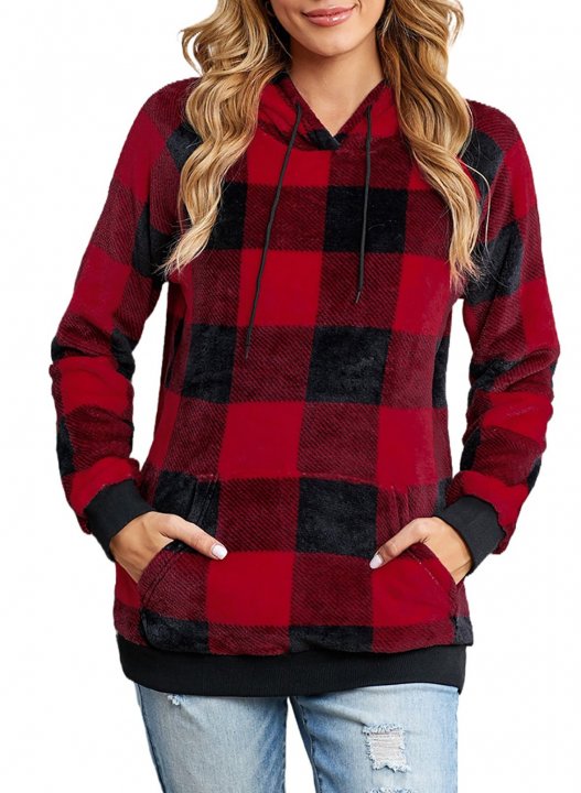 Red Plaid/Leopard Camouflage Long Sleeve Hoodie