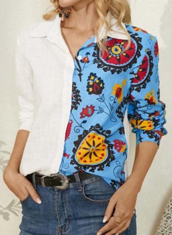 Women's Shirts Floral Color Block Long Sleeve V Neck Daily Basic Shirt