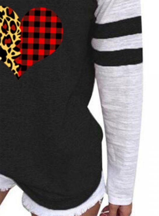 Women's T-shirts Striped Leopard Color Block Heart-shaped Print Long Sleeve Round Neck Daily T-shirt