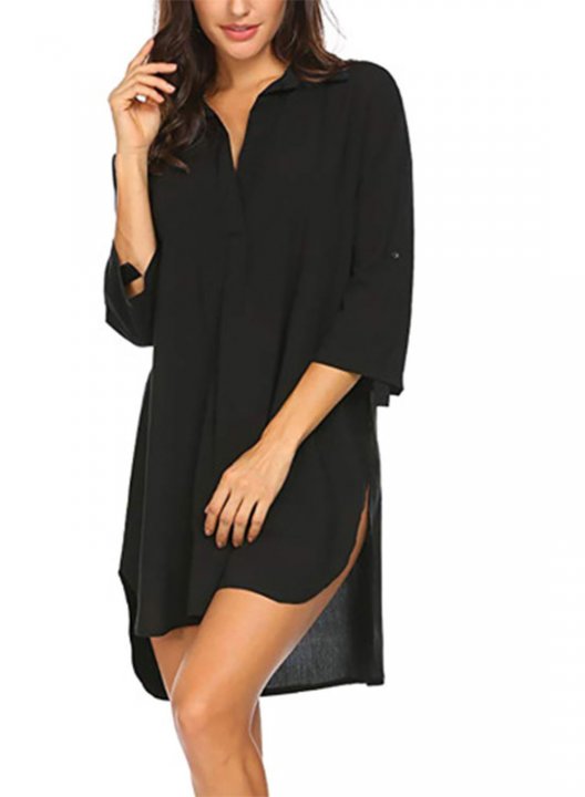 Women's Mini Dress Solid A-line 3/4 Sleeve Turn Down Collar Summer Daily Casual Beach Mini Dress