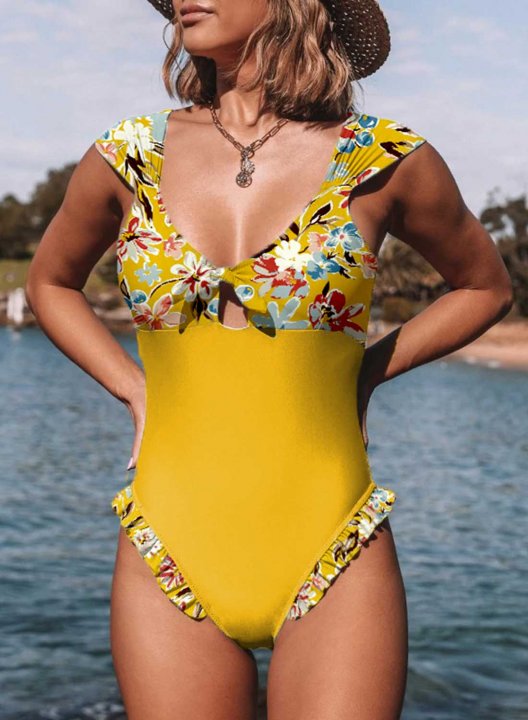 Women's One Piece Swimwear Ruffle Knot Color Block Floral U Neck One-Piece Swimsuit