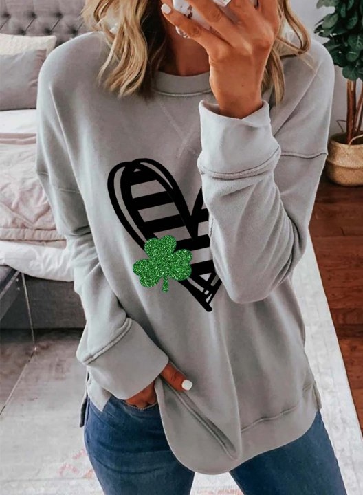 Women's Sweatshirts Saint Patrick's Day Clover Heart-shaped Print Long Sleeve Round Neck Sweatshirt