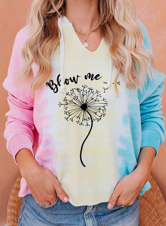 Women's Believe Me Print Hoodies Color Block Dandelion Letter Long Sleeve V Neck Casual Hoodie