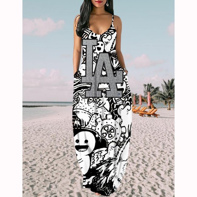 Women's Los Angeles Dodgers Baseball Team Print Sling Pocket Sleeveless Loose Holiday Style Long Dress