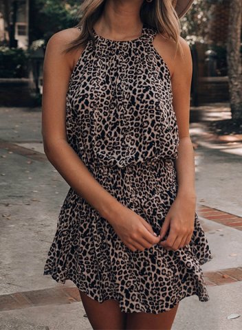 Women's Halter Neck Mini Dresses Leopard Sleeveless Round Neck Vintage Casual Mini Dress