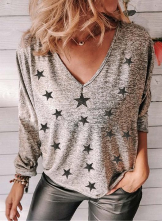 Women's T-shirts Star Solid V Neck Long Sleeve Daily Casual T-shirts