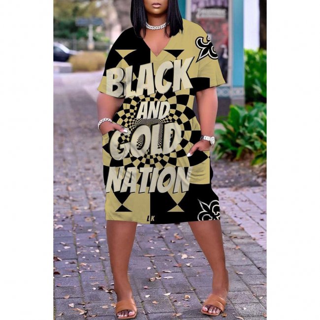 Women's New Orleans Saints Printed V-neck Casual Pocket Dress