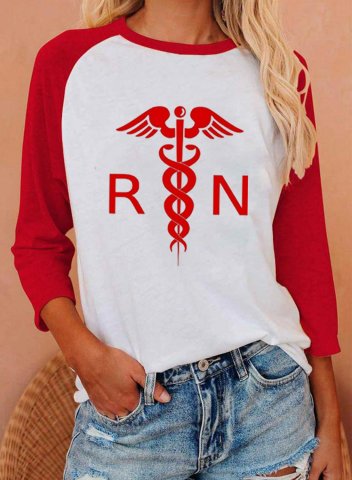 Women's T-shirts Letter Color Block 3/4 Sleeve Round Neck Raglan sleeves Daily T-shirt