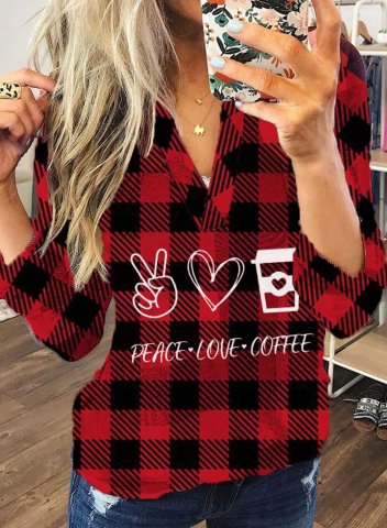 Women's Peace Love Coffe Print Red Plaid Shirts V Neck Long Sleeve Spring Casual Daily Shirts