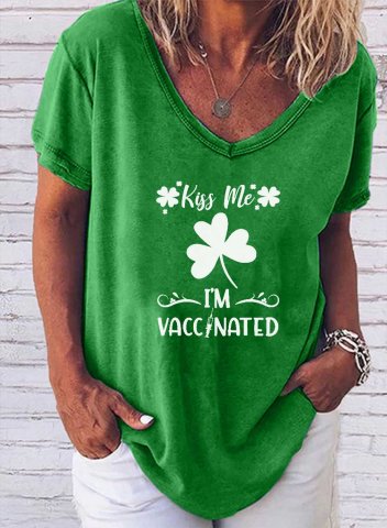 Women's T-shirts Shamrock Print Funny Kiss Me I'm Vaccinated St Patrick's Day Gift Short Sleeve V Neck Daily T-shirt