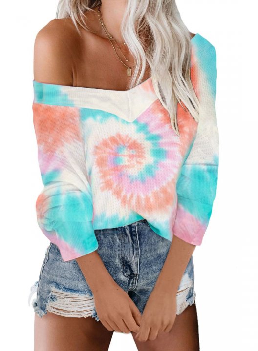 Colorful Off Shoulder Tie Dye Long Sleeve V-Neck Sweatshirt