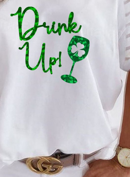 Women's St Patrick's Day T-shirts Drink up Wineglass Print Sequin Short Sleeve Off Shoulder Daily T-shirt