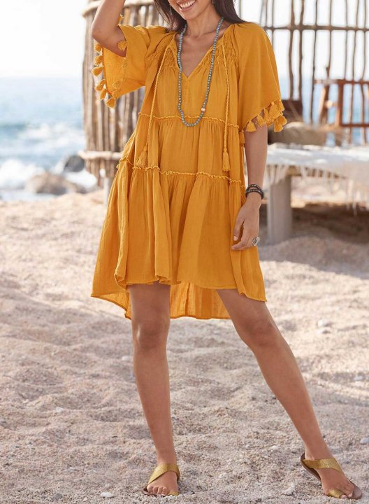 Women's Mini Dresses Fashion Solid Short Sleeve Fit & Flare V Neck Beach Tassels Casual Dress