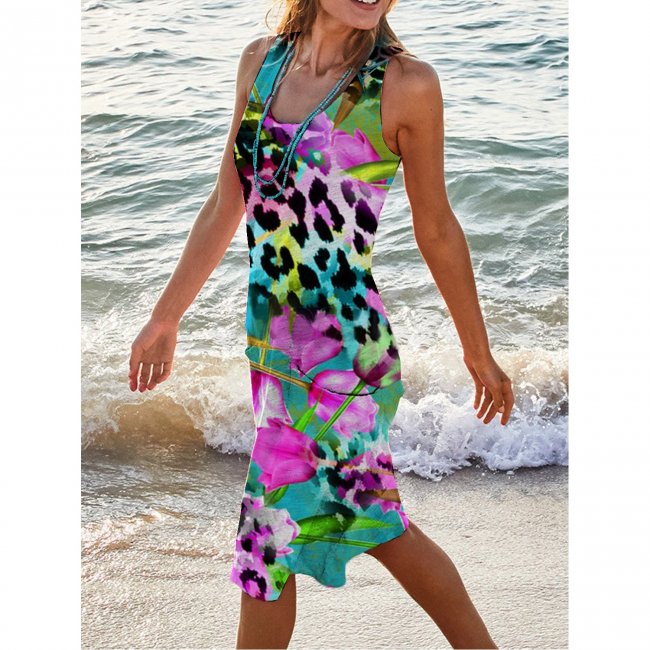 Flower Tulip Leopard Print Holiday Casual Round Neck Sleeveless Dress Vest