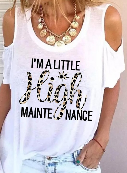 Women's I'm A Little High Maintenance T-shirts Letter Leopard Short Sleeve Round Neck Casual Cold Shoulder T-shirt