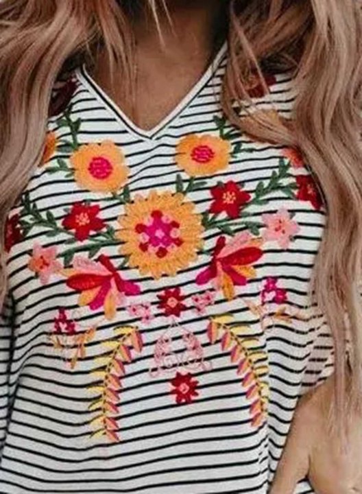 Women's T-shirts Floral Striped V Neck Long Sleeve Casual Daily T-shirts