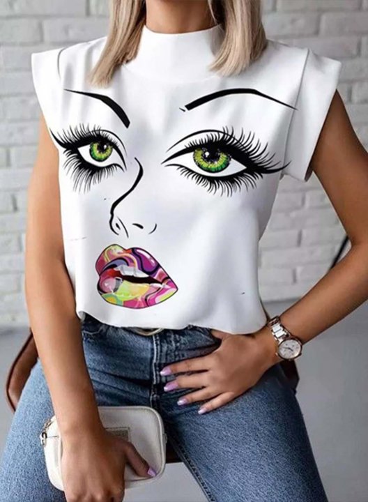 Women's T-shirts Portrait Abstract Color Block High Neck Short Sleeve Daily T-shirts