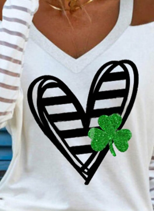 Women's St Patrick's Day Sweatshirt Off Shoulder Heart Shamrock Color Block V Neck Long Sleeve Casual Pullovers