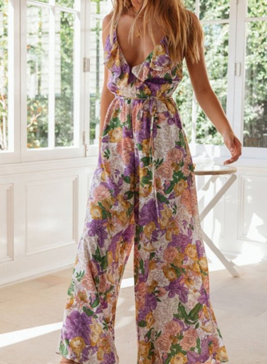 Women's Jumpsuits Ruffle Knot Straight Floral High Waist Full Length Casual Jumpsuits