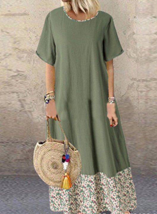 Women's Maxi Dresses A-line Floral Color Block Short Sleeve Round Neck Daily Boho Maxi Dress