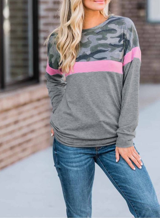 Camouflage/Color Block Long Sleeve Round Neck Basic Sweatshirt