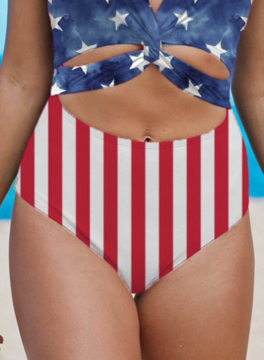 Women's One-Piece Swimsuits One-Piece Bathing Suits Star American Flag 4th Of July V Neck Criss Cross One-Piece Swimsuit