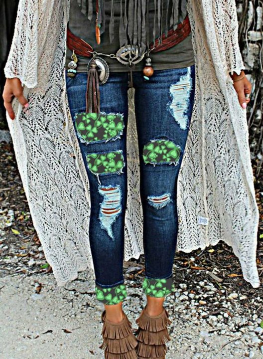 Women's Jeans Four-leaf Saint Patrick's Day High Waist Slim Full Length Pocket Ripped Jeans