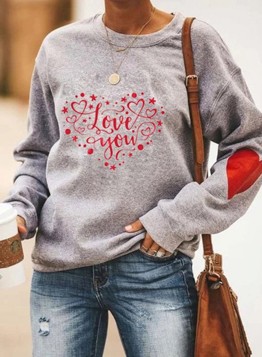 Women's Sweatshirt Casual Heart-shaped Love You Letter Solid Round Neck Long Sleeve Daily Pullovers