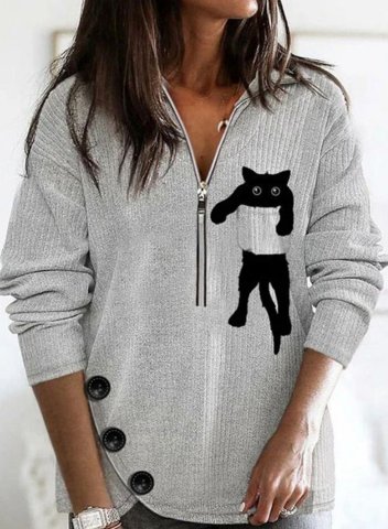 High Neck Cute Cat Print Buttoned Half-Zip Sweatshirt