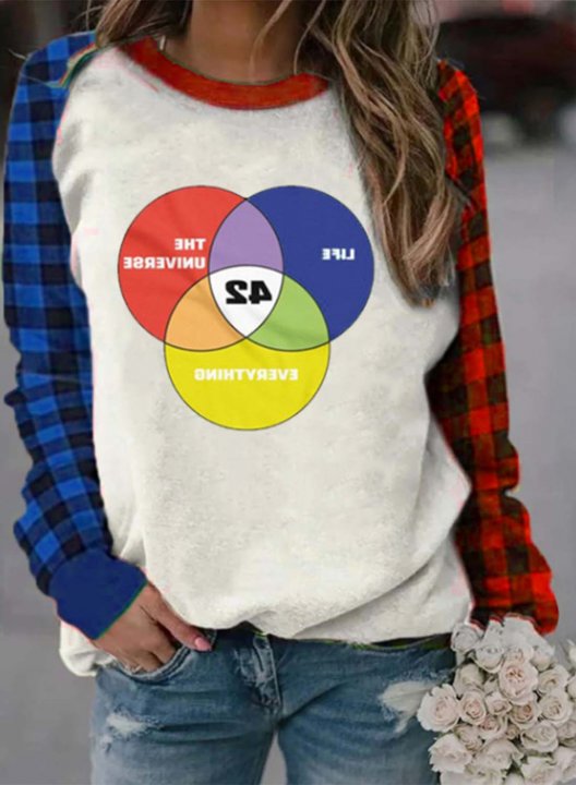 Women's 42 The Answer to Life Universe and Everything Graphic Sweatshirts Plaid Color Block Round Neck Sweatshirts