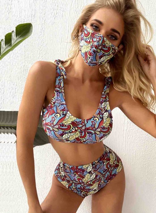 Women's Bikinis Multicolor Sleeveless U Neck Casual Boho Three-piece Bikini Sets