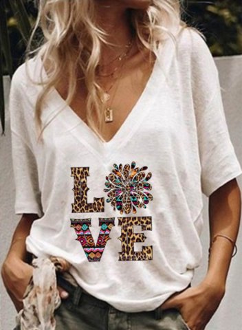 Women's T-shirts Letter Love Geometric Leopard Solid V Neck Short Sleeve Daily Casual T-shirts