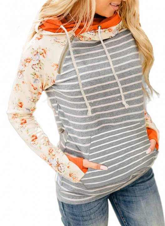 Orange Floral Print Casual Hoodie