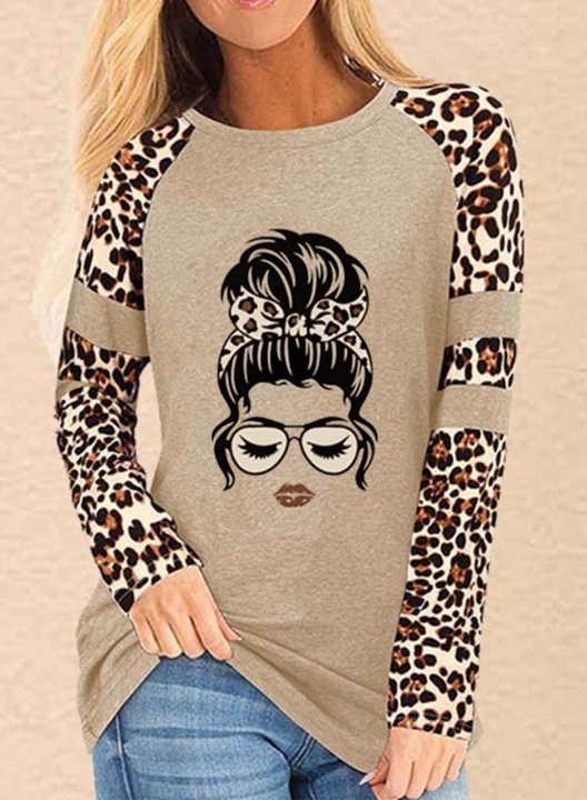 Women's Sweatshirts Leopard Color Block Portrait Round Neck Long Sleeve Casual Daily Sweatshirts