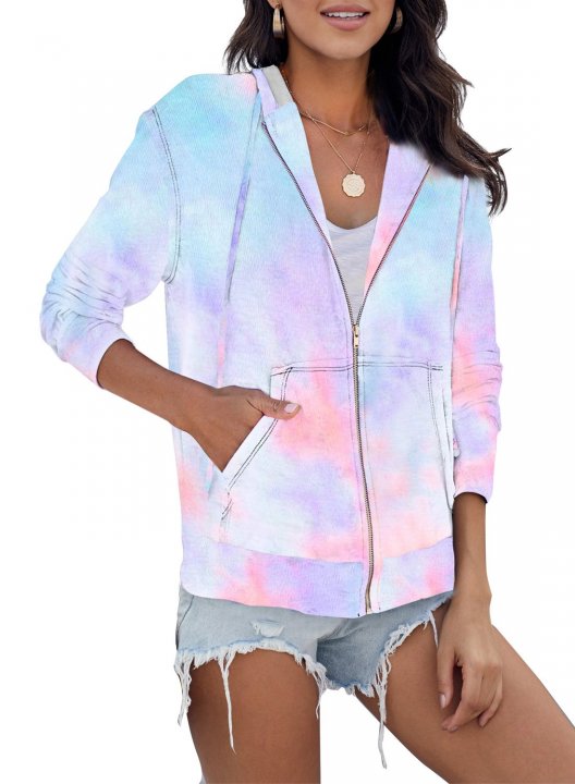 Women Tie-dye Hoodie zip up Sweatshirt Jacket